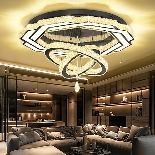Flashing God Large Chandelier Dia 40" Black Crystal Chandelier Flush Mount Ceiling Light for Bedroom Living Room Dining Room Hallway Dimmable 3 Rings LED Celing Lighting Fixtures