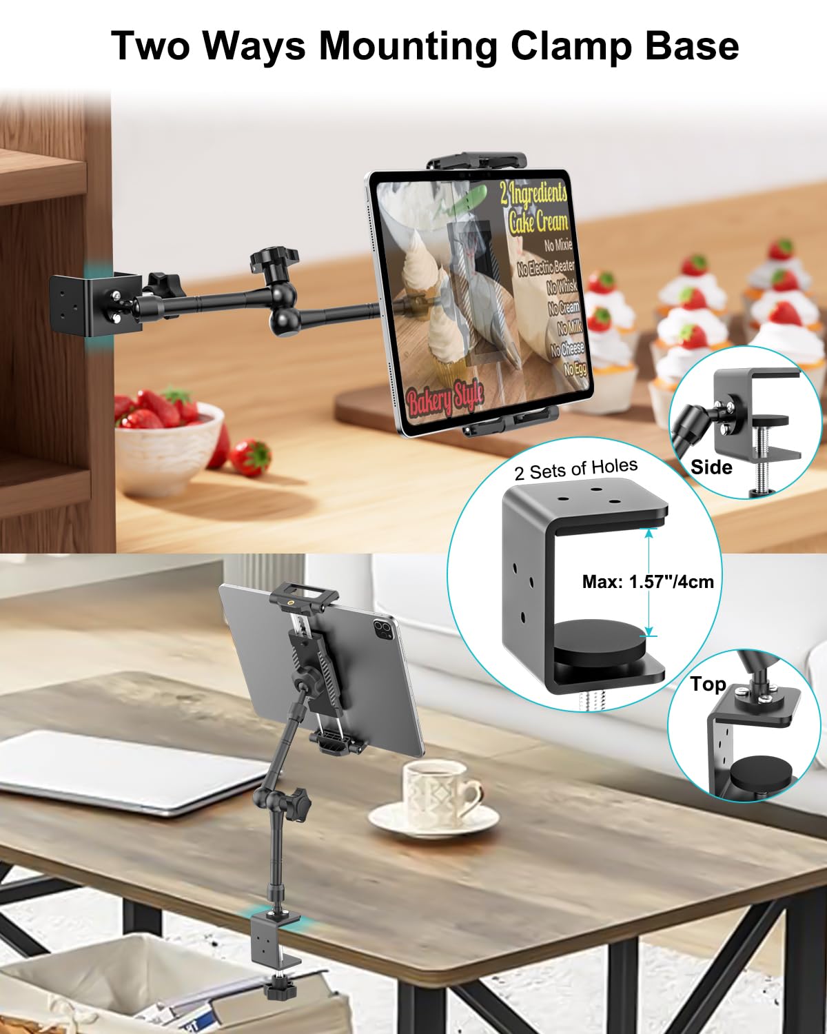 Supporto Tablet per Cucina, Braccio in Metallo Supporto Regolabile a 360 Gradi, per iPad Pro 13 Air Mini, Galaxy Tab, Fire, iPhone, 6,1 a 15,6", Supporto Tablet per Tavolo/Mensola/Scrivania