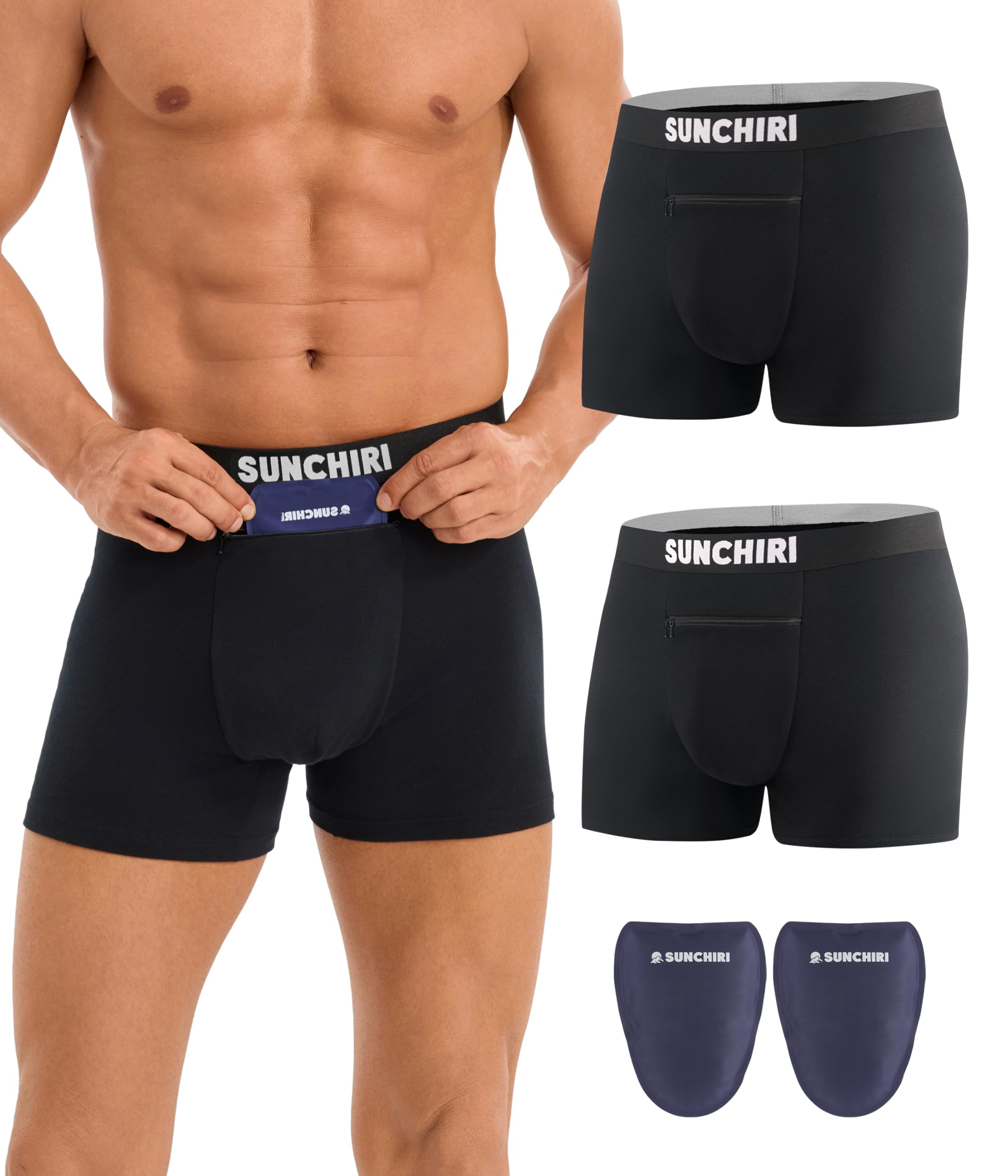 Vasektomie Unterwäsche, Boxershorts Herren mit 2 Kuehlakkus Fuer Hodenunterstuetzung & Scrotal-Schmerzlinderung, Unterhosen mit Reissverschlusstasche 2 Pack (M- XL)