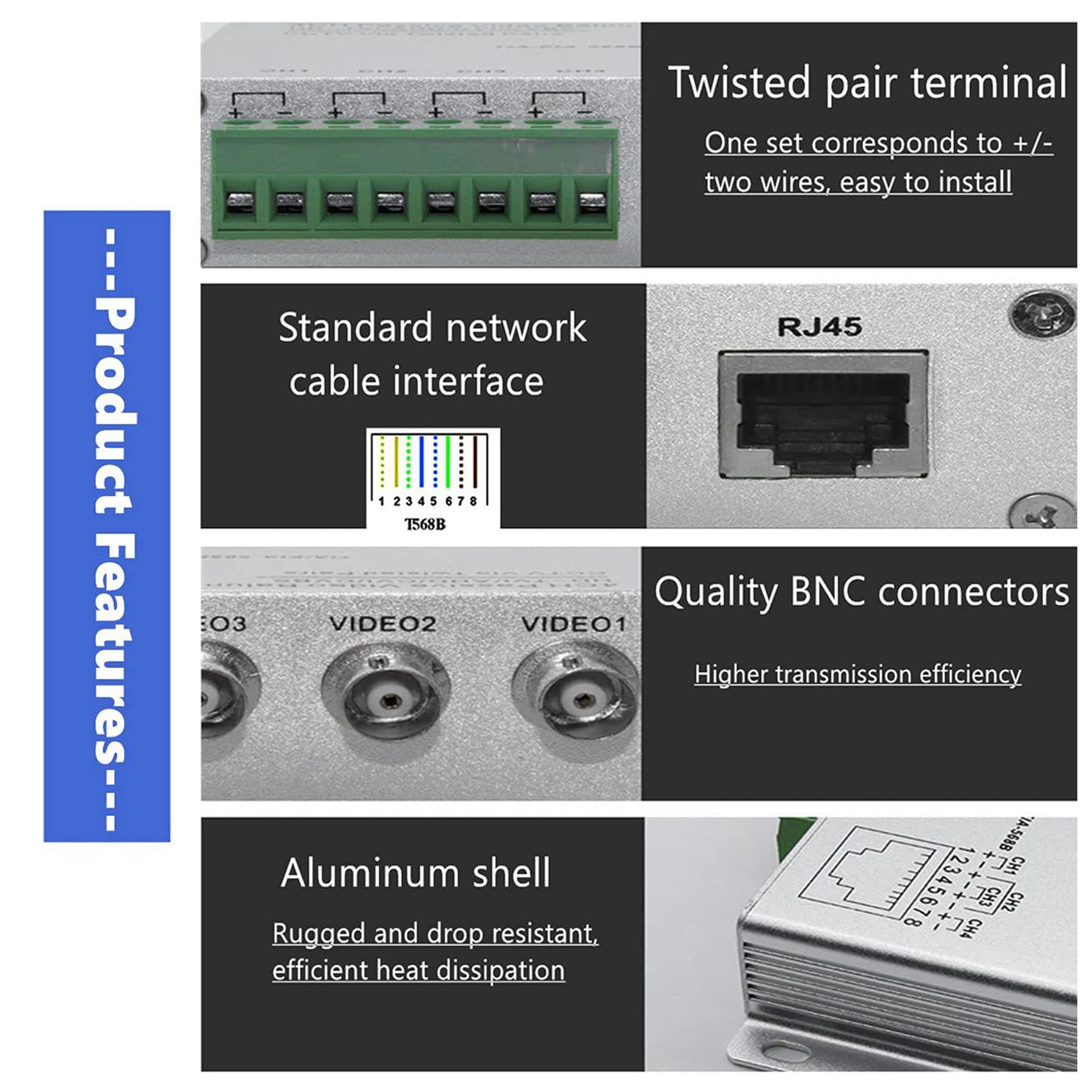 2 ricetrasmettitori video passivo 8 CH UTP 720P/1080P HD, BNC a Cat5/5E/6 RJ45 (T568B) UTP convertitore trasmettitore video