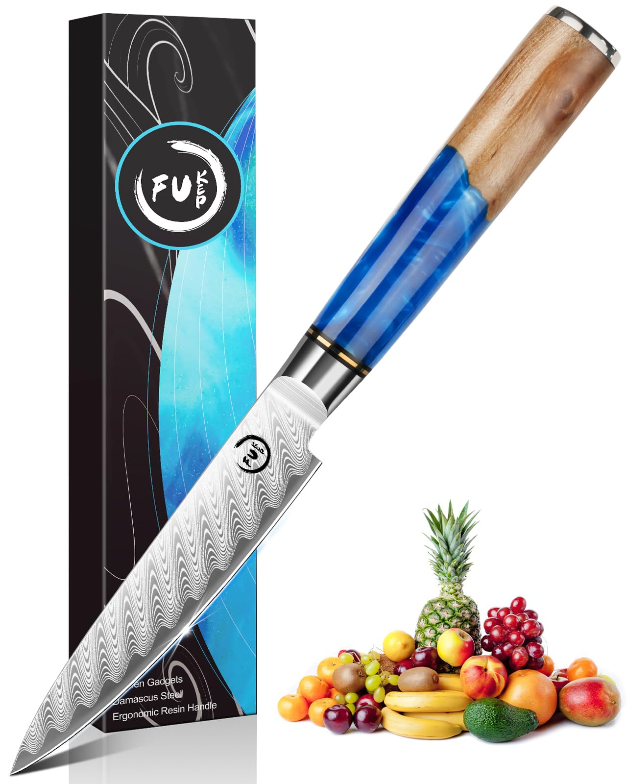 5 Inch Kitchen Utility Knife, Damascus Paring Knives,Japanese VG10 Steel Damascus Fruit Knife-Ergonomic Blue Resin Handle Ideal Birthday Gift for Men and Women