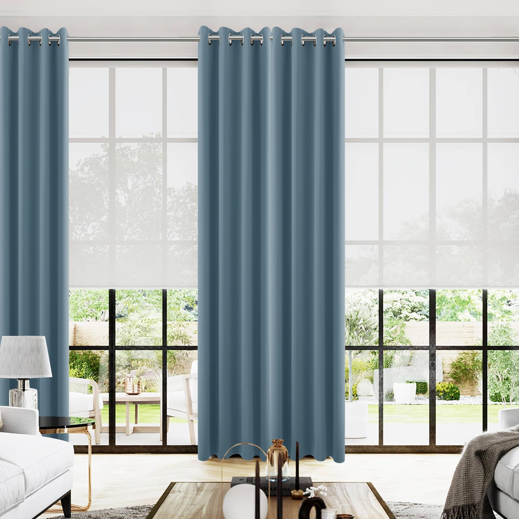 KOUFALL 108 Inch Long Blackout Curtains for Living Room, Grommet Silk Polyester Thermal Drapes 108 Inches Long 2 Panels Set, Dusty Blue