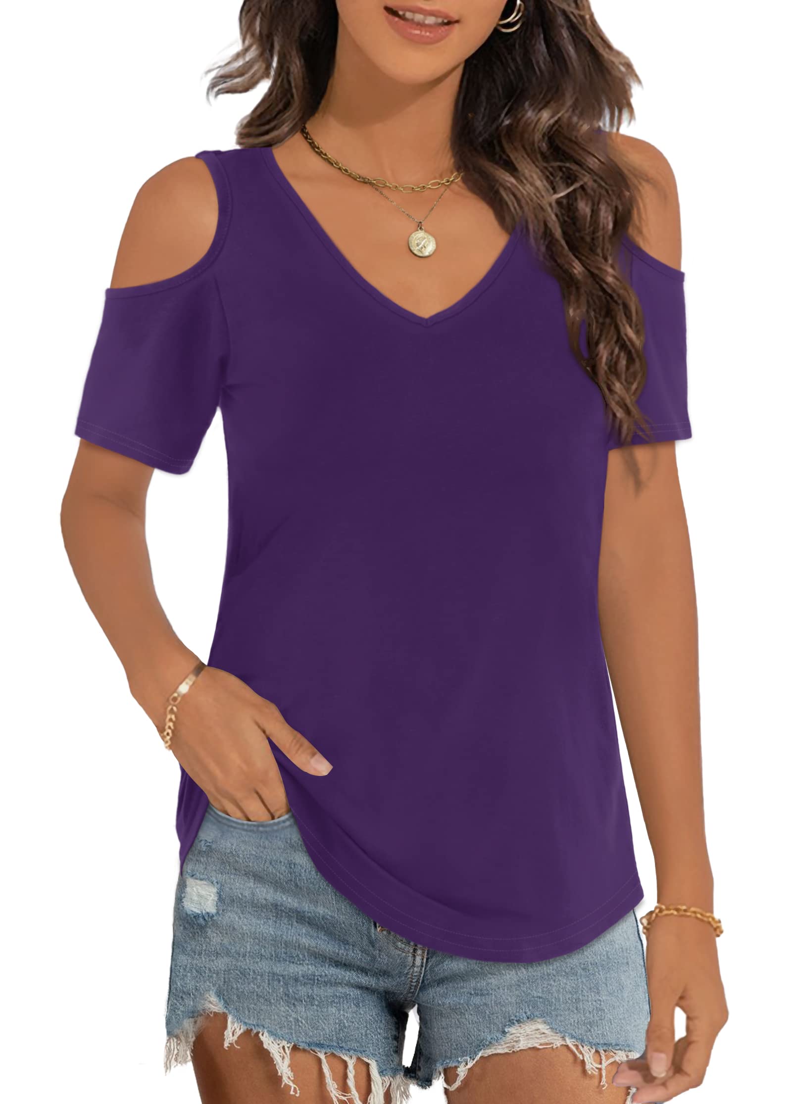 Elesomo Womens V Neck Cold Shoulder Tops Short/Long Sleeve Summer T Shirts Basic Tees