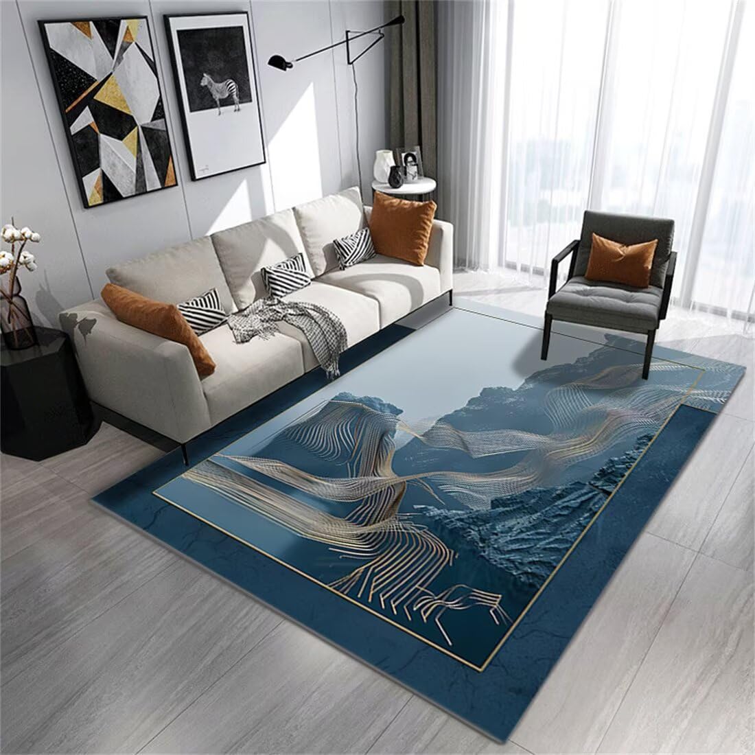 Tapis de salon bleu 160x230 cm lavable au motif paysage moderne