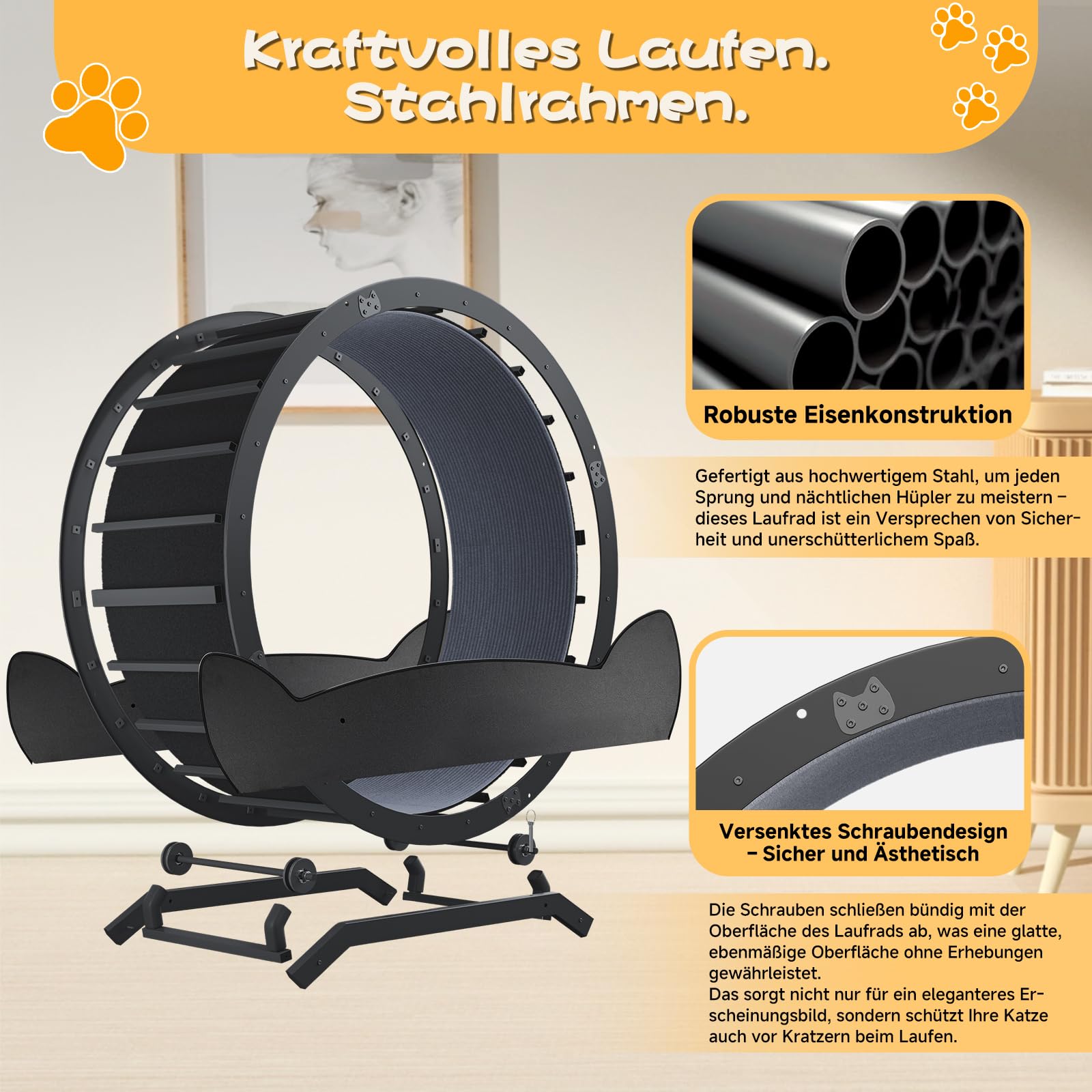 GTPLAYER Katzenlaufrad, laufrad Katze, Extra großer 100 cm, ultraleises Laufrad mit Abnehmbarer Teppich und Spielzeug, Aufkleber, Verriegelung, geeignet für die meisten Katzen, Metall, Schwarzen Ohren