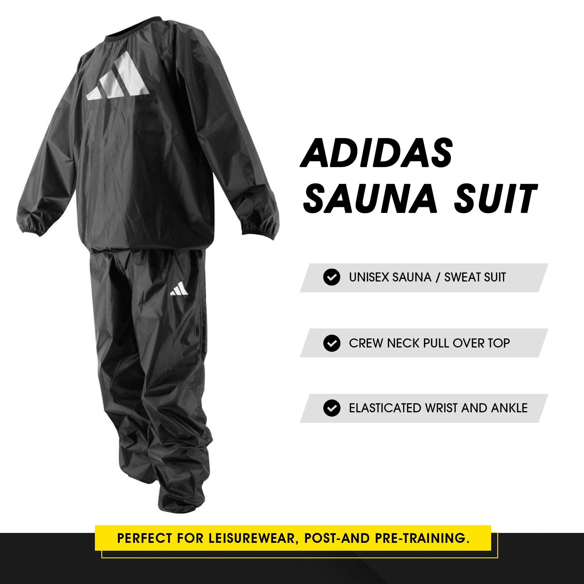 Adidas Saunaanzug, Gewichtsverlust, Boxen, Fitness, Fitnessstudio, Training, Oberteil, Hose, Hot Heat Sweat Suit, Joggen, Ganzkörperanzug, Herren und Damen, Schwarz , M