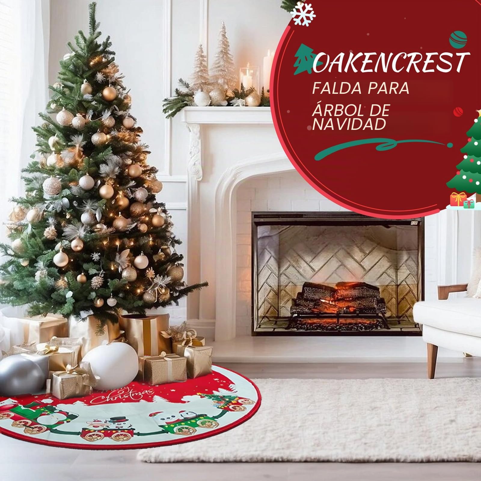 Falda de Árbol de Navidad, Alfombra de Árbol de Navidad, con Motivos de Muñecos de Nieve, Copos de Nieve y Trenes, para la Decoración Navideña del Hogar, Rojo