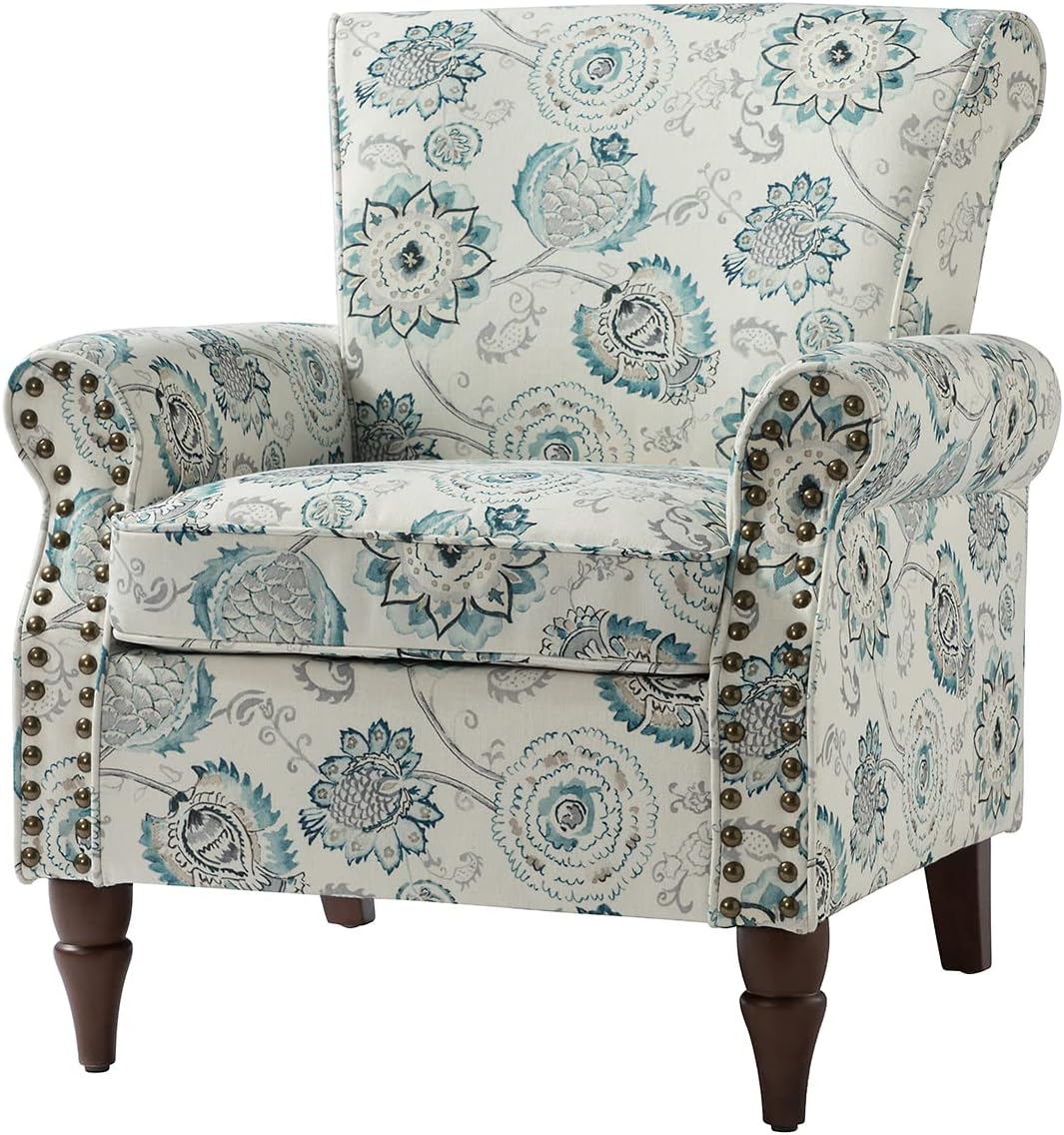 Wingback Accent Chair with Wood Legs, Modern Comfy Upholstered Armchair with Removable Cushion and Nailhead Trim, Floral Pattern Single Sofa Reading Chair for Living Room Bedroom