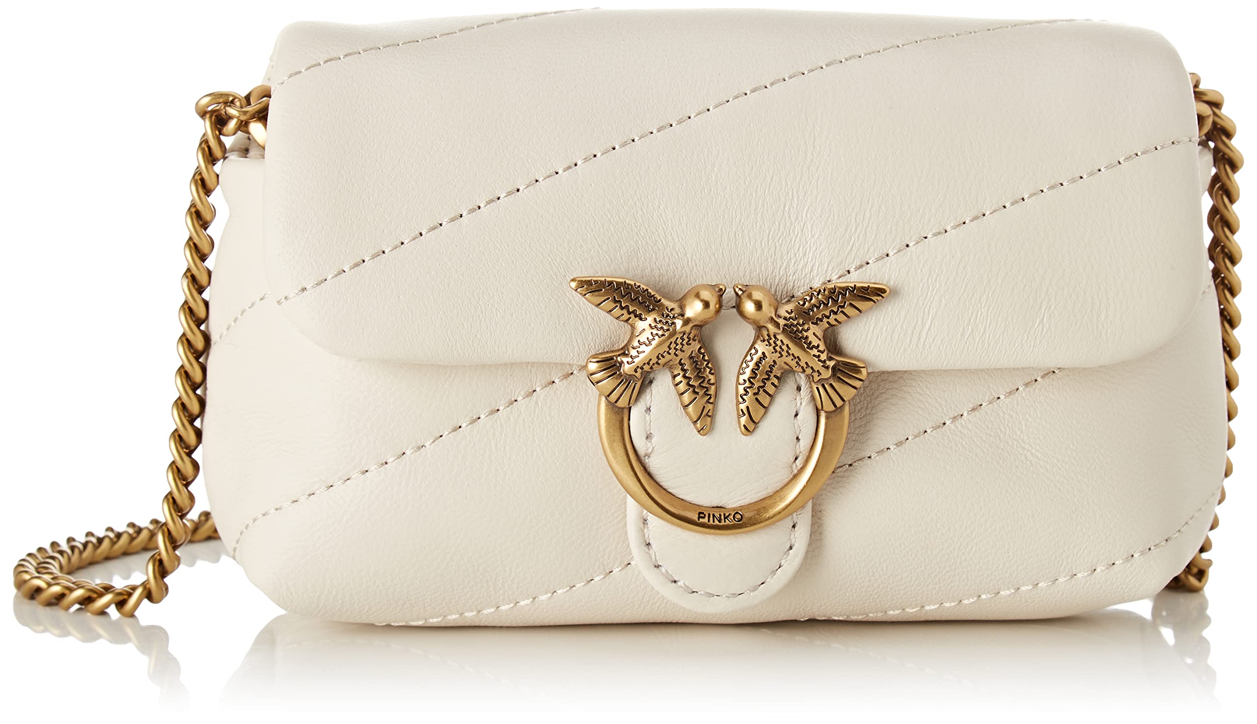 Pinko Women Love Micro Puff C Sheep Nappa Bag, Z14q_White Silk-Antique Gold, 14X4X8