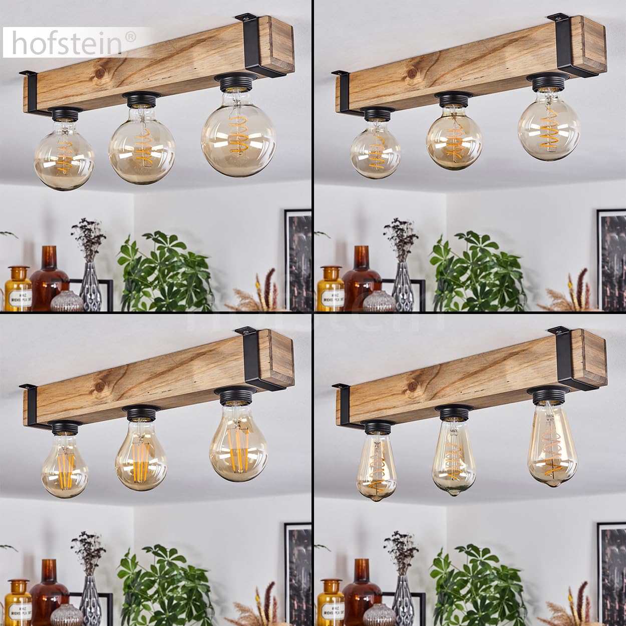 HOFSTEIN Deckenleuchte Montgomery, 3-flammige Deckenlampe aus Holz/Metall in Natur/Schwarz, Leuchte im Industrial/Retro/Vintage-Design mit Holzbalken, E27, Esszimmer, Küche, Wohnzimmer, Schlafzimmer