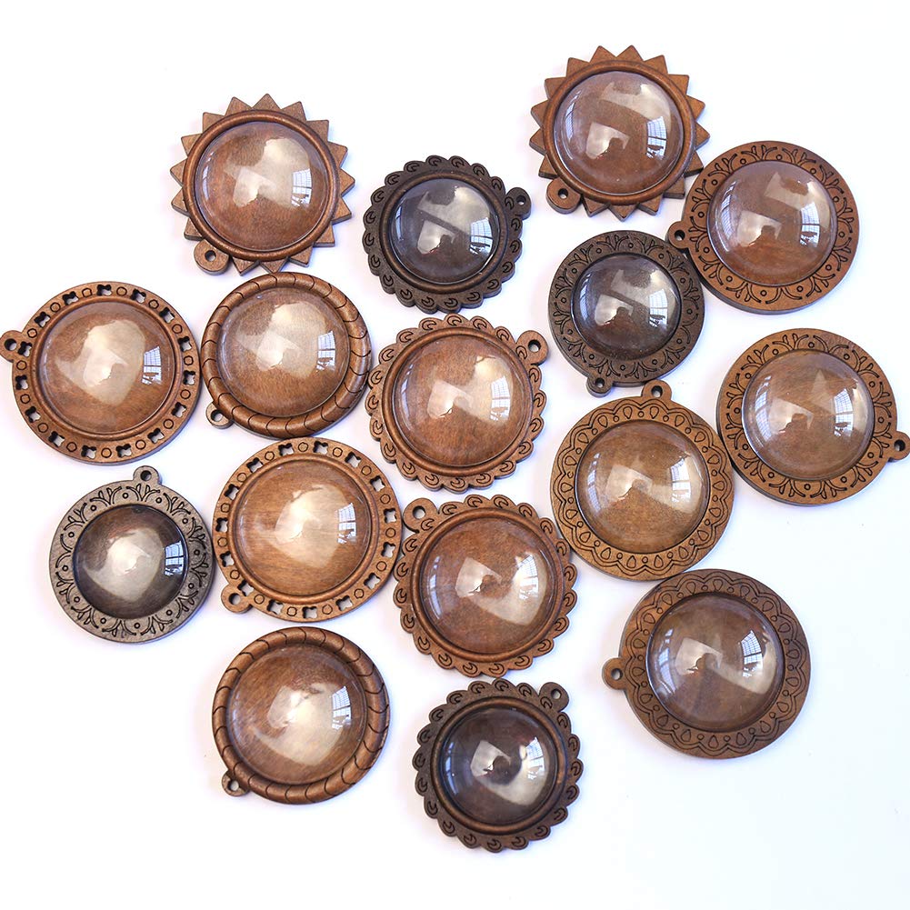 DAHI Bezel Pendant Trays Round Wooden and Glass Cabochon Round Clear Dome, Pendants with Glass Cabochons - Image 2