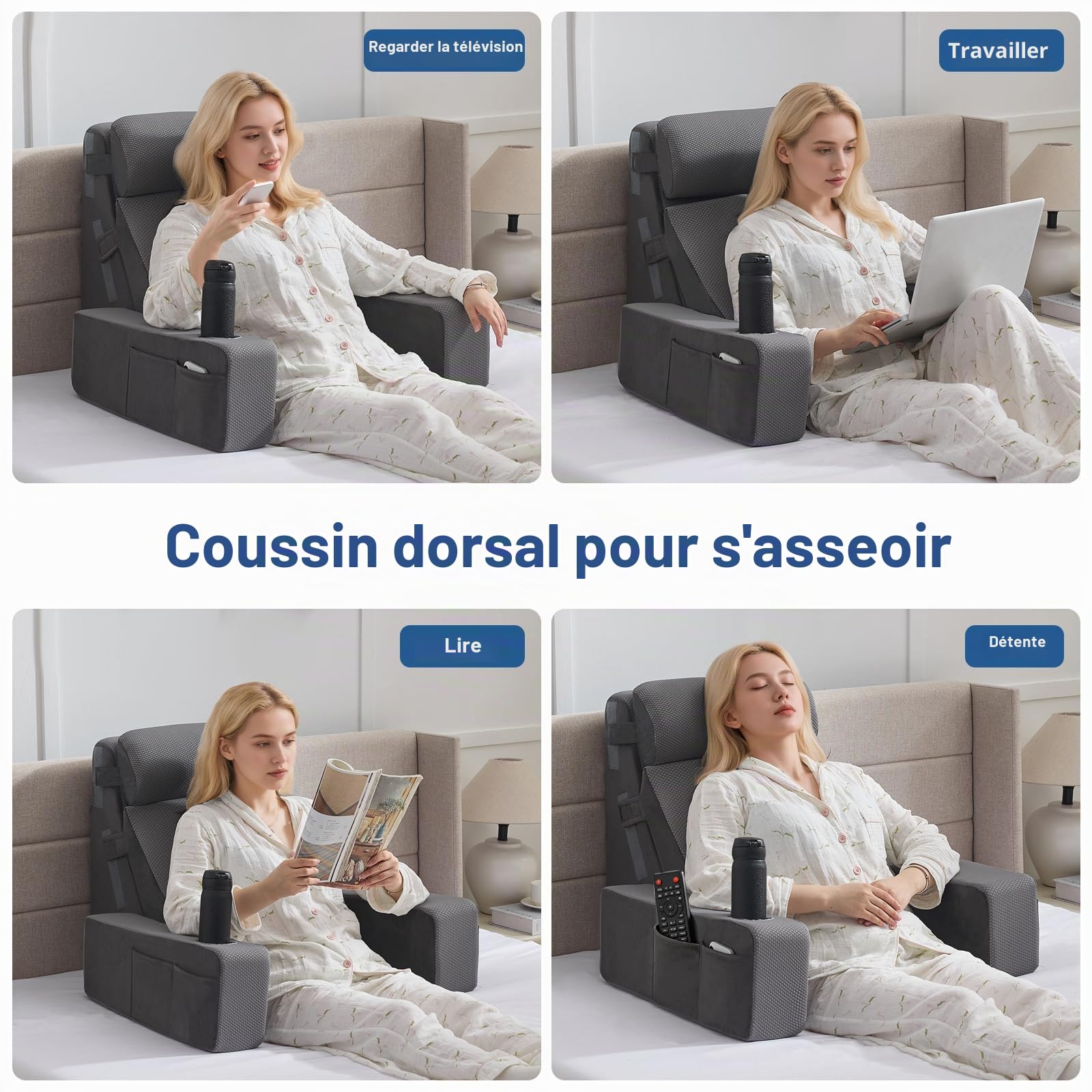 Coussin de lecture pour lit et canapé, coussin de livre avec appuie-nuque et accoudoir amovibles, coussin de dos pour lit, coussin mural multifonction en coin pour lire, travailler