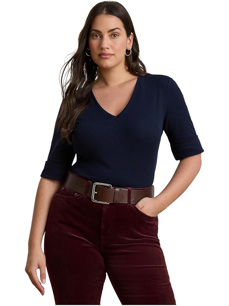 Black Lauren Ralph Lauren Plus Size Stretch Cotton Elbow-Sleeve V-Neck Tee