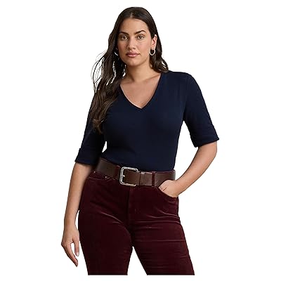 Lauren Ralph Lauren Plus Size Stretch Cotton Elbow Sleeve V Neck T Shirts Women