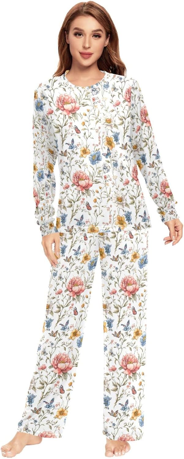 Spring Flowers Peonies Butterflies White Pajama Sets for Woman 2 Piece Comfy Men Sleep Pants Casual Sleeping Cloth