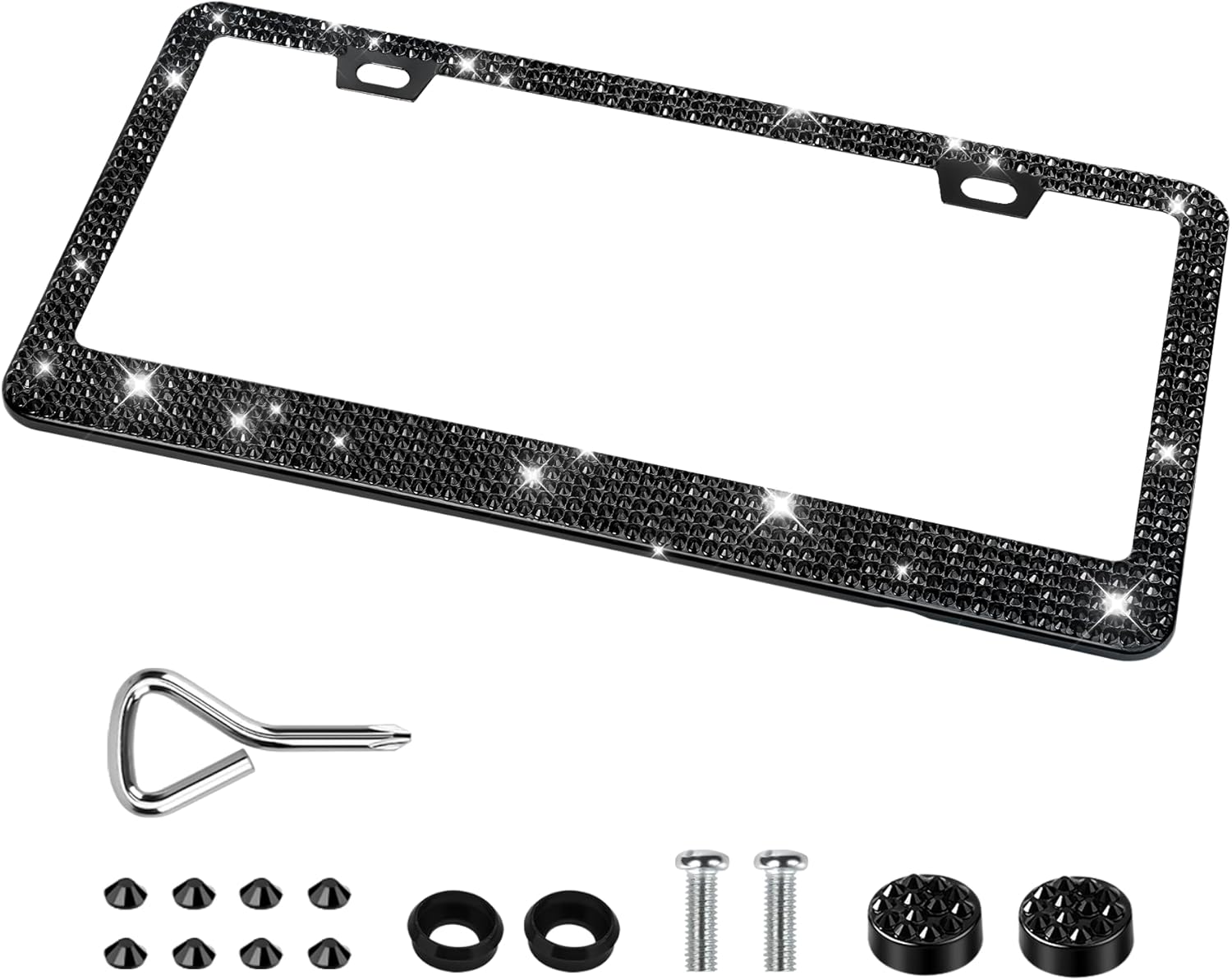 Bling License Plate Frames for Women, Sparkly Rhinestone Diamond Car Accessories with Glitter Crystal Caps (1 Pack Black) (1 Pack Black) Thumbnail