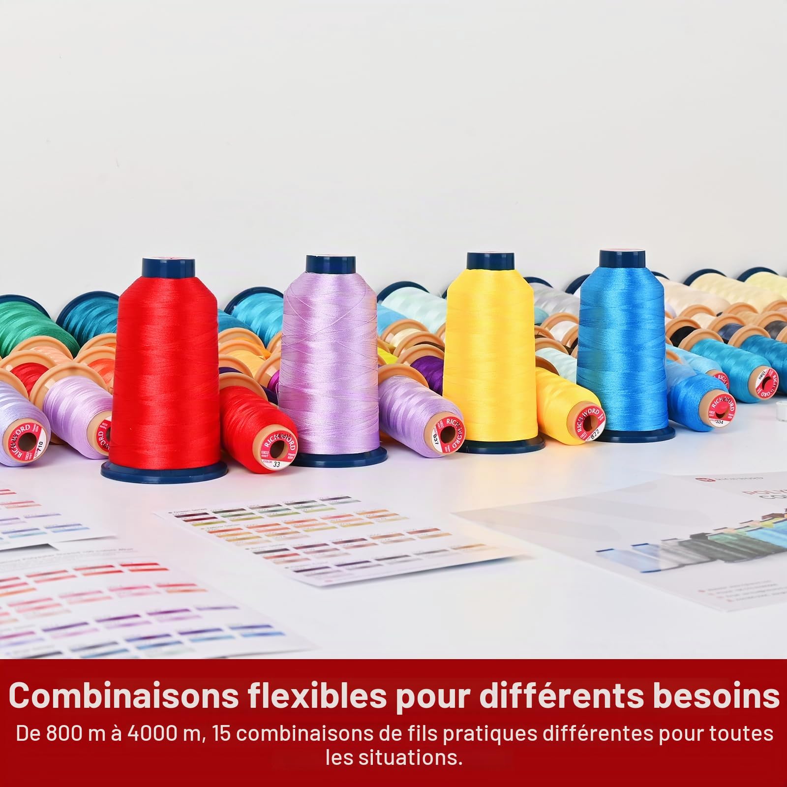 Kit de fil à broder en polyester 40 couleurs 800 m (550Y) par bobine, pour machines à broder et machines à coudre