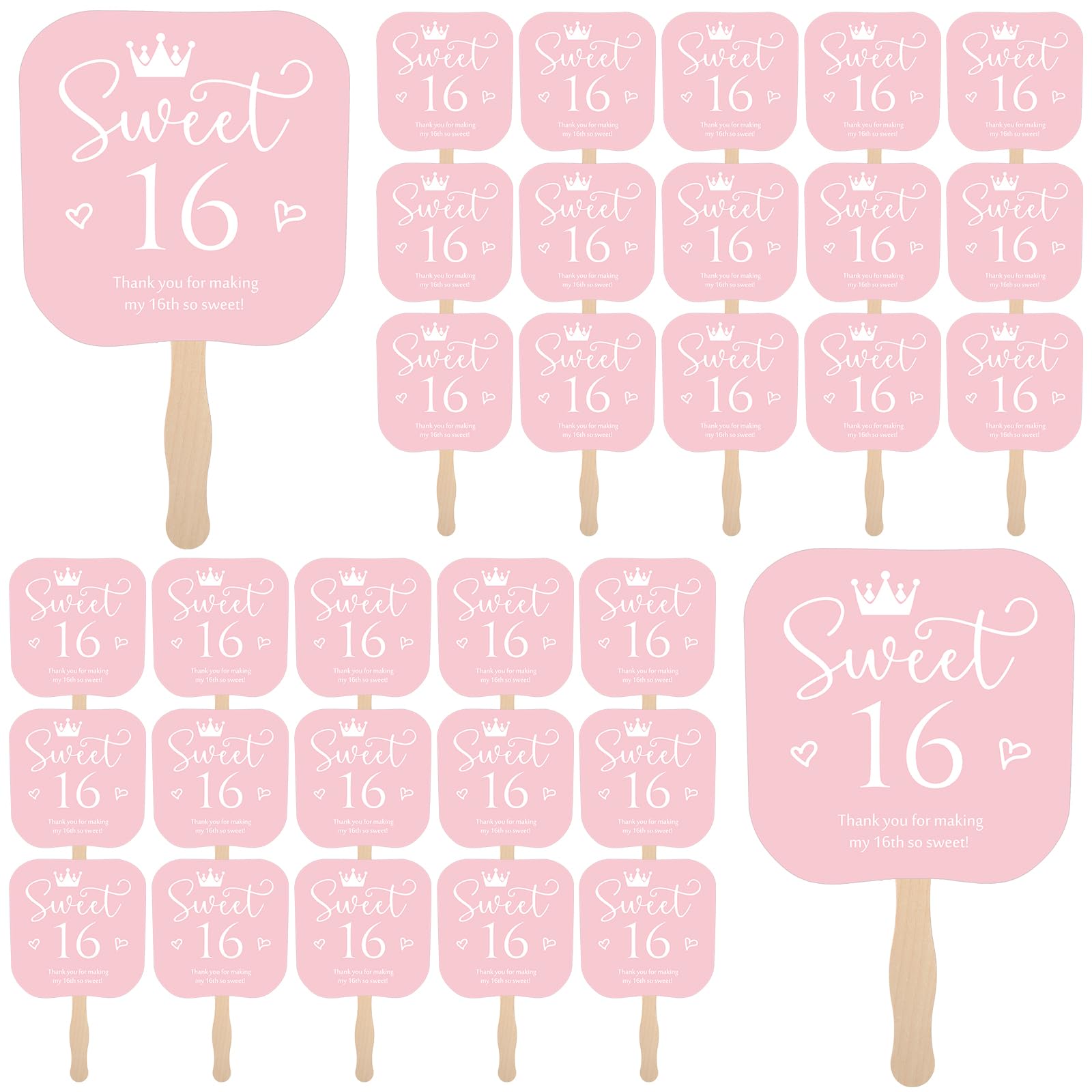 Geelin 25 Pcs Sweet 16 Birthday Party Favors Pink 16 Handheld Fans Thank You Paper Fans with Wooden Handle for Guests Sweet 16 Birthday Gift Souvenir Themed Party Decorations