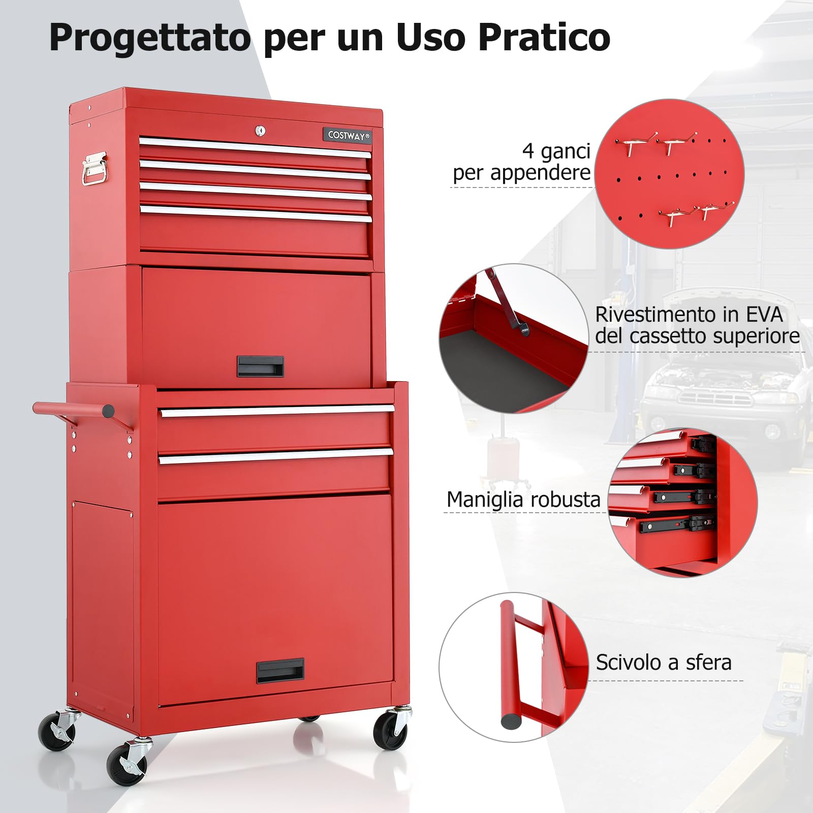COSTWAY Cassettiera Portautensili a 6 Cassetti, Carrello per Attrezzi con Ruote Bloccabili, con Ripiano rimovibile e Serratura, 61,5 x 33 x 132 cm (rosso)