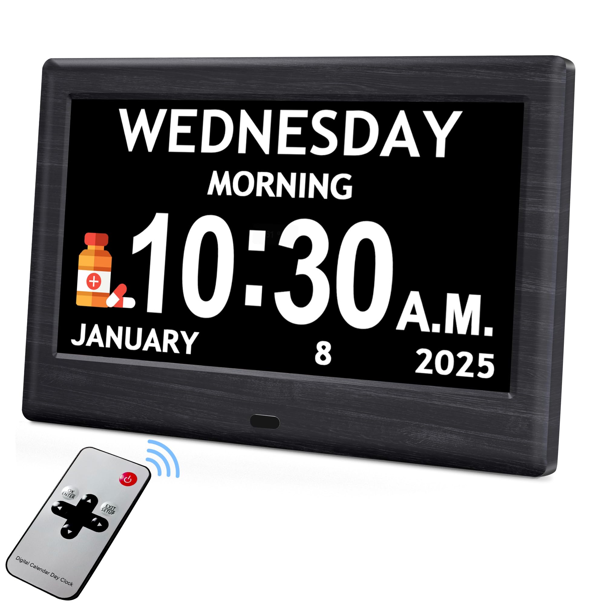 7'' Digital Clocks, 12 Reminders & 6 Alarms, Dementia Clock with Date and Time for Elderly, Auto-Dimming, Button & Remote Control, Auto DST, Digital Calendar for Seniors Large Display, Black Woodgrain