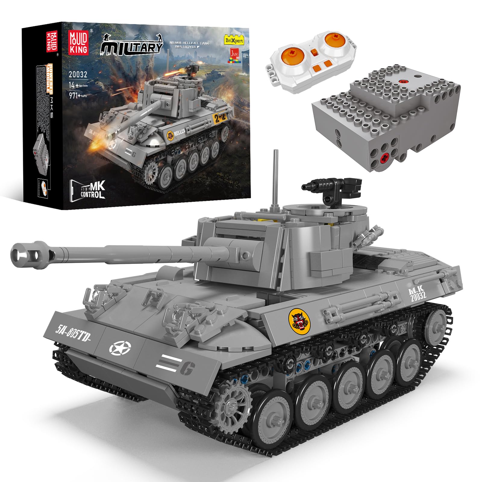 Mould King20032 M18 Hellcat Tank Building Set, RC Control WW2 Military Vehicle Construction Blocks Kit, Adult Collectible Army Model to Build and Display, Gifts for Boys (971 PCS)