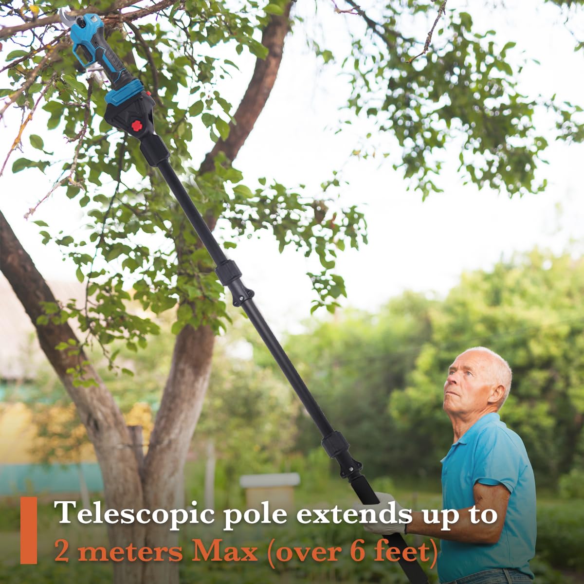 Bostar Pértiga Telescópica para Tijeras de Podar Eléctricas Inalámbricas, 2M Alargador 4 Secciones para Podar Ramas Altas Poste de Extensión con Cabezal Giratorio de 180°/Cerradura de Seguridad