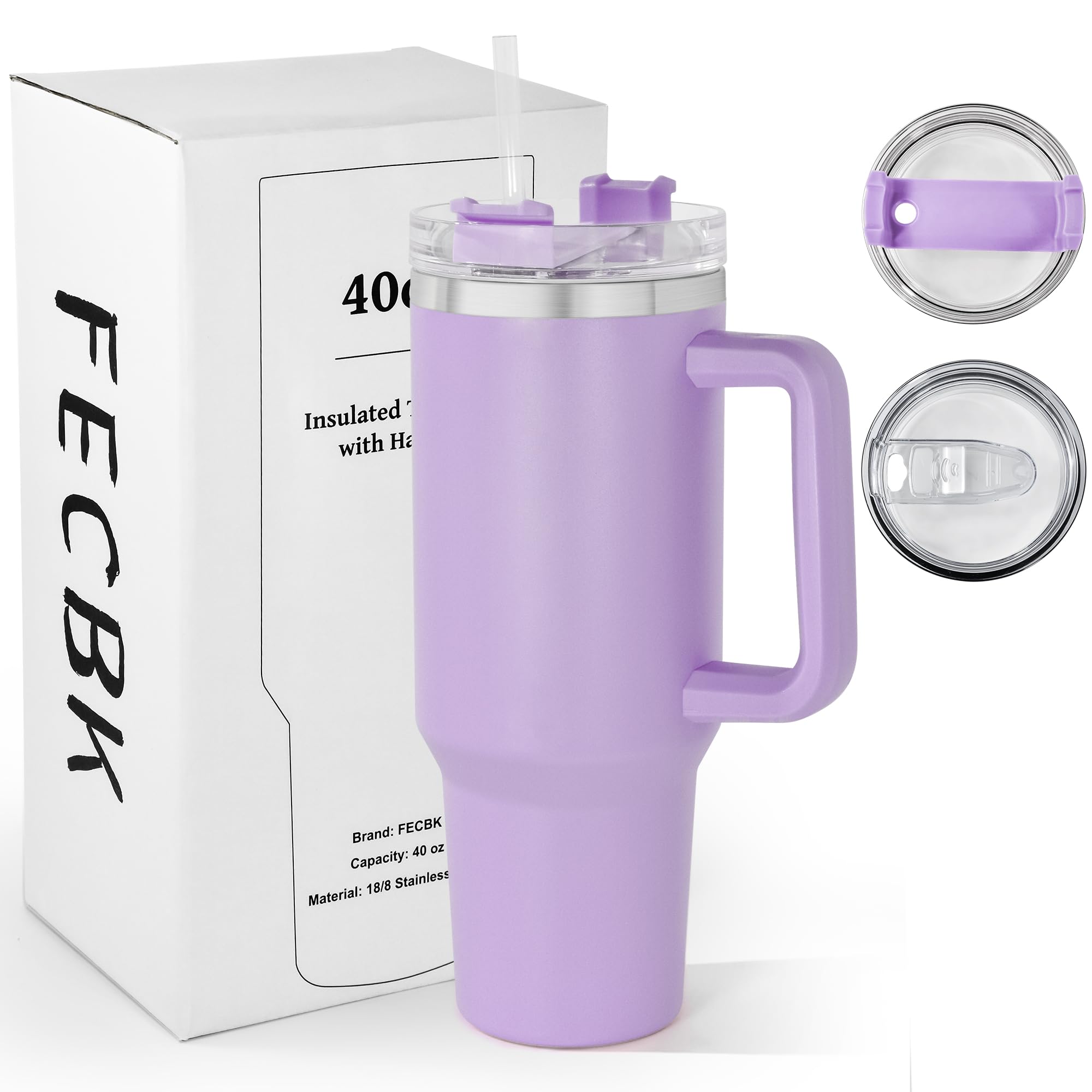 FECBK 40oz Tumbler with Straw and Lid 1.2L, 100% Leak-Proof Travel Mug with Handle, Stainless Steel Vacuum Insulated Water Bottle Keeps Cold for 34H / Hot 12H, Dishwasher Safe, Lavender