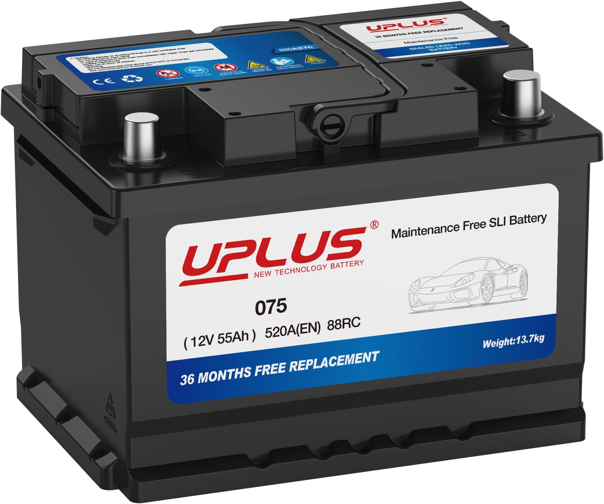 UPLUS 075 Car Battery, 12V 55Ah Maintenance Free Automotive Battery, 520A 88RC, for standard non-start-stop vehicles, Left: - Right: +, 242L x 175W x 175H(mm)
