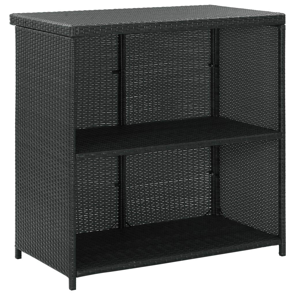 Juego de 3 piezas de polirratán negro 102 x 60 x 105 cm, resistente a la intemperie, incluye 2 taburetes con cojín de asiento y dos estantes, para balcón, terraza, jardín, exterior