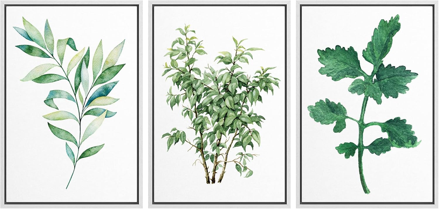 NWT Framed Wall Art Print Set Green Forest Leaf Trio Nature Plants Illustrations Modern Art Rustic Group Relax/Calm Multicolor Ultra for Living Room, Bedroom, Office - 16"x24"x3 White