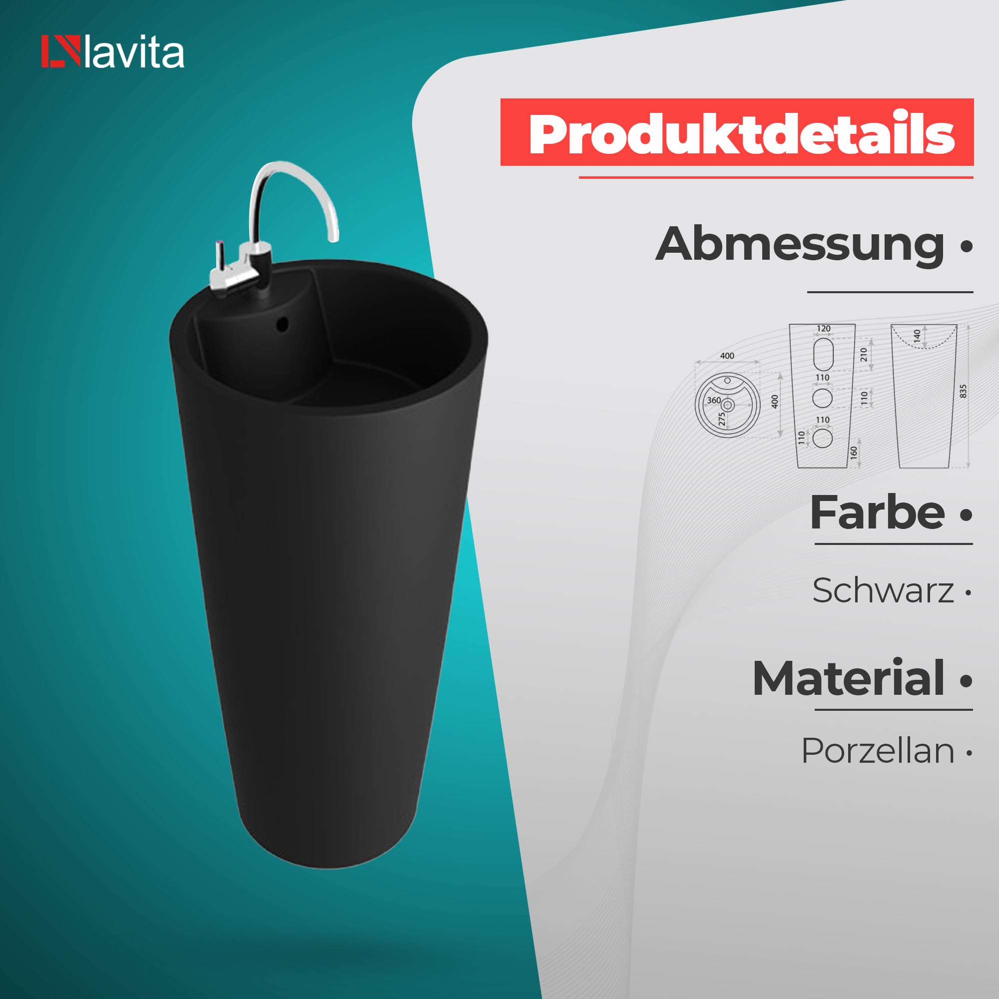 lavita Lavabo de pie Uvas Black | Lavabo redondo con rebosadero y orificio para grifo | de porcelana de alta calidad | lavabo de pie | 83,5 x 40 x 40 cm | negro mate
