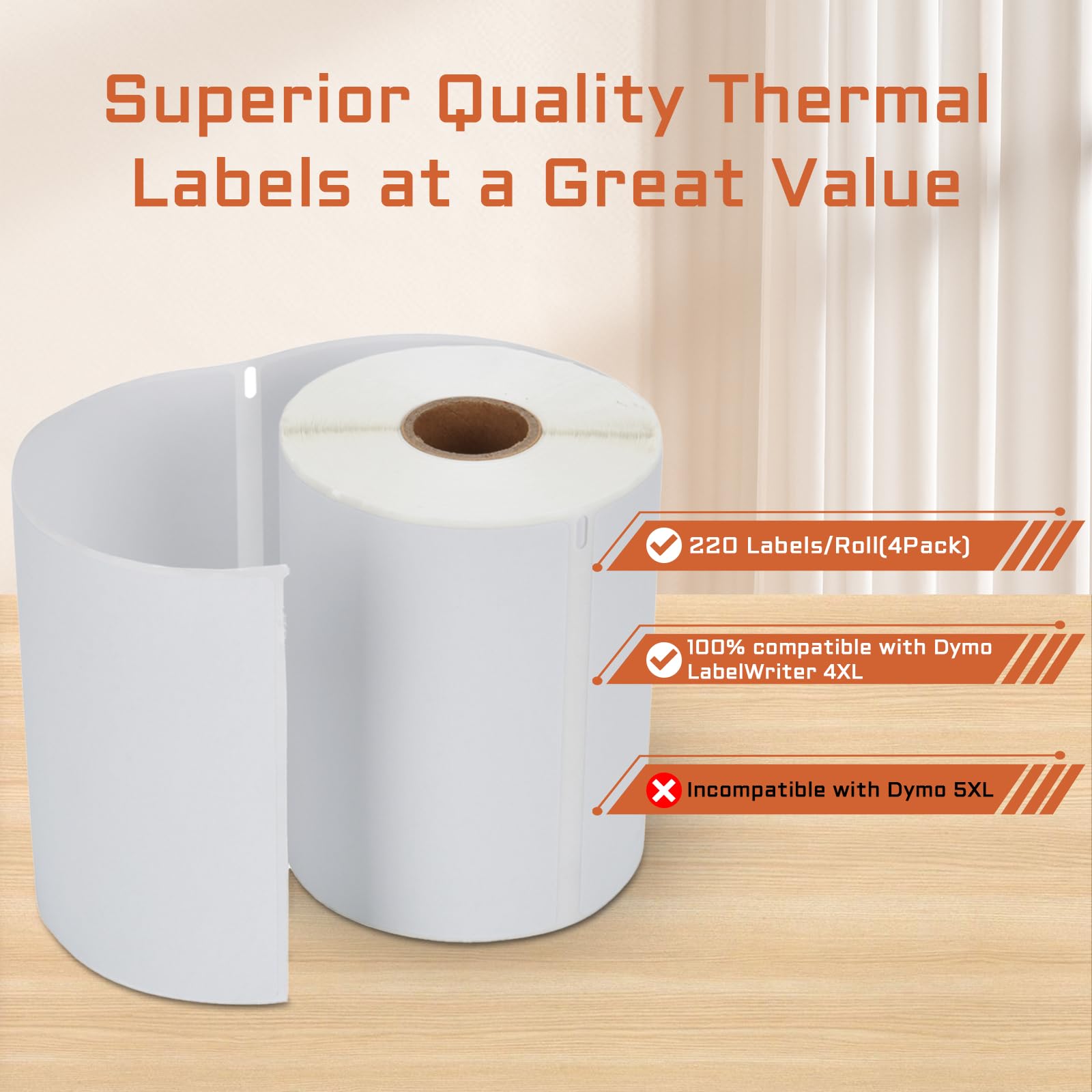 Lot de 4 rouleaux d'étiquettes d'expédition thermiques 4XL 10,2 x 15,2 cm compatibles avec LabelWriter 4XL 1744907 étiquettes d'expédition thermiques, 220 étiquettes/rouleau