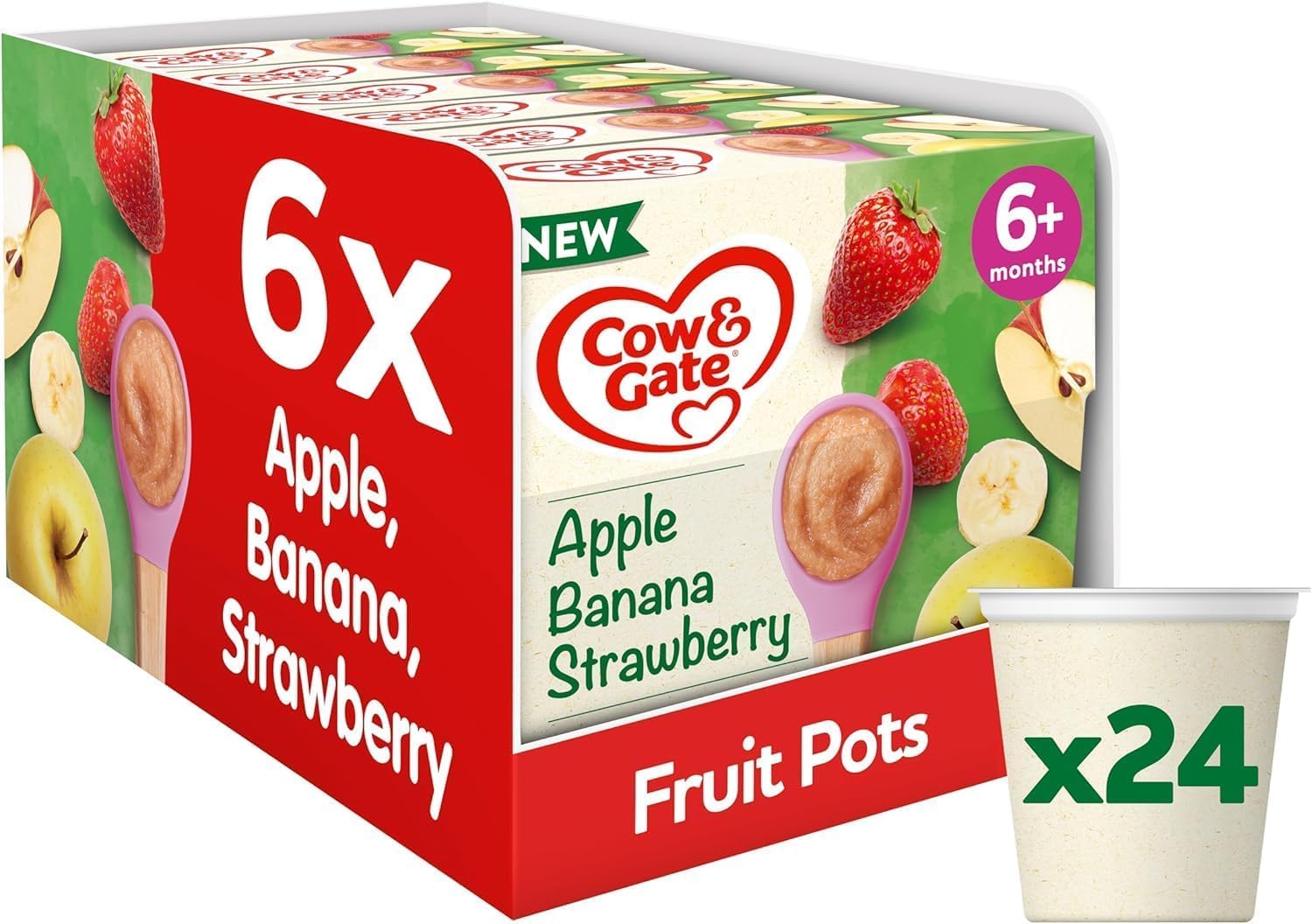 Cow & Gate Baby Food - Apple Strawberry & Banana - Baby, Toddler and Kids Snacks - Fruit Pot Multipack - 6+ Months - 4x100g (24 Pots)