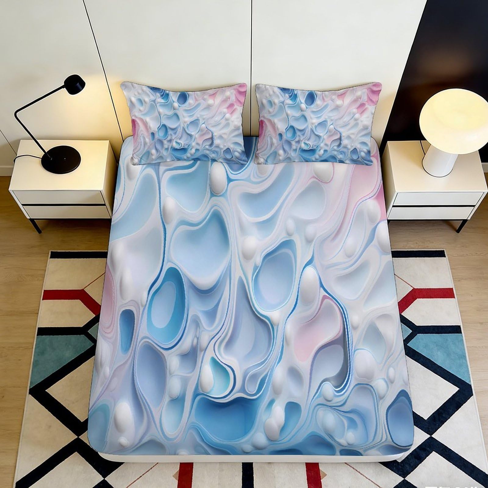 3D Printed Water Wave Fitted Sheet Microfiber Deep Pocket Non-Slip Full Wrap Water Wave Mattress Fitted Cover Washable 160x200x25cm