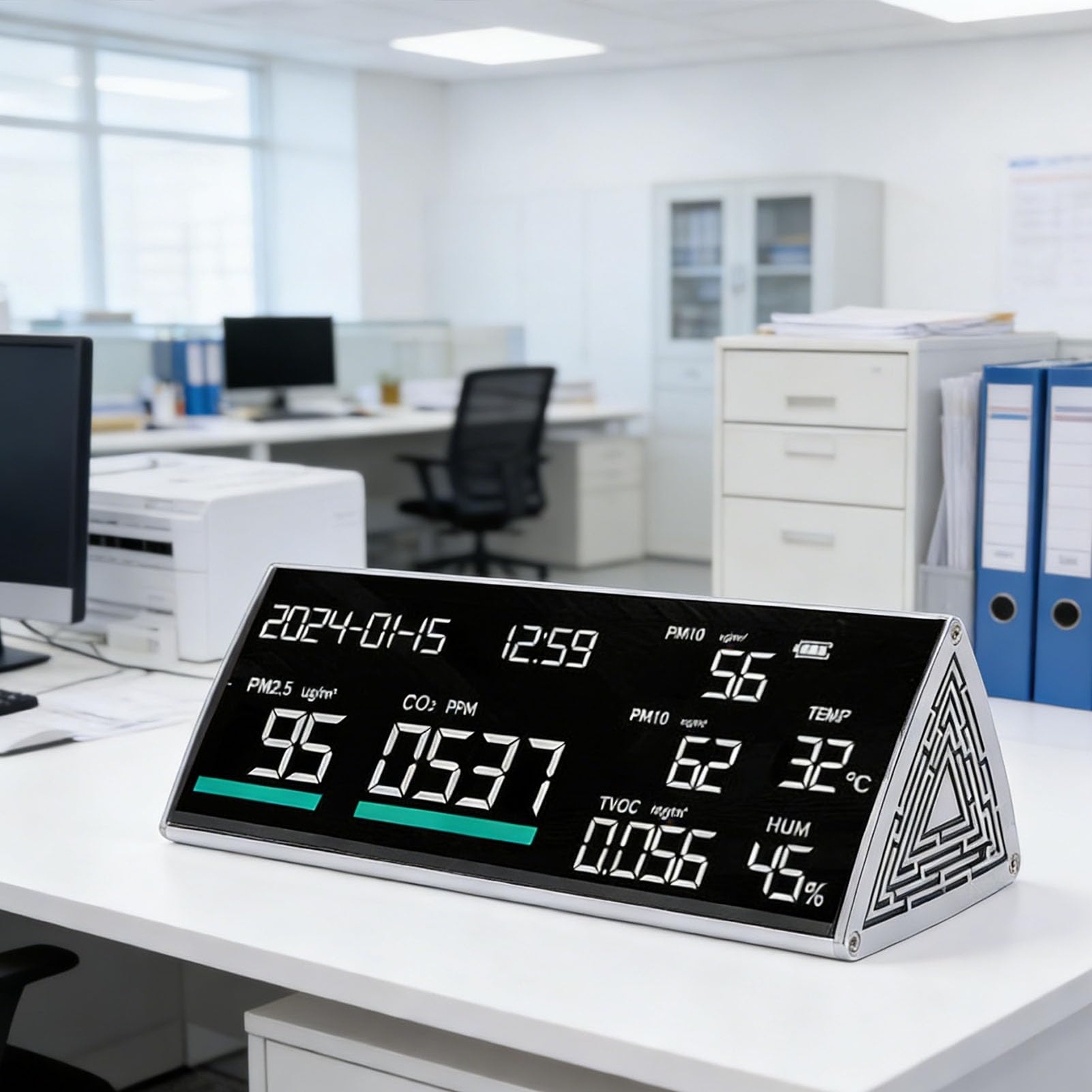 Fockety Monitor de calidad del aire, 9 en 1, de escritorio, con medidor de calidad del aire, PM2.5, PM1.0, PM10, temperatura, humedad, CO2, TVOC, hora y fecha, para casa y hotel