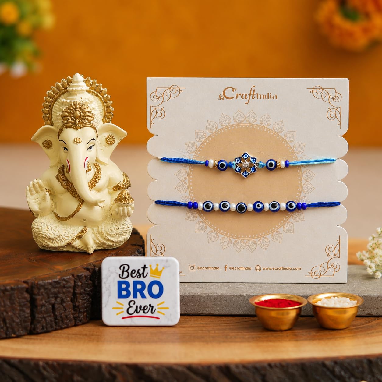 eCraftIndia Set of 2 Evil Eye Rakhi with Ganesha Showpiece & Best Bro Ever Fridge Magnet | Designer Blue Rakhi for Brother | Raksha Bandhan Gift Hamper with Roli Chawal-image-7