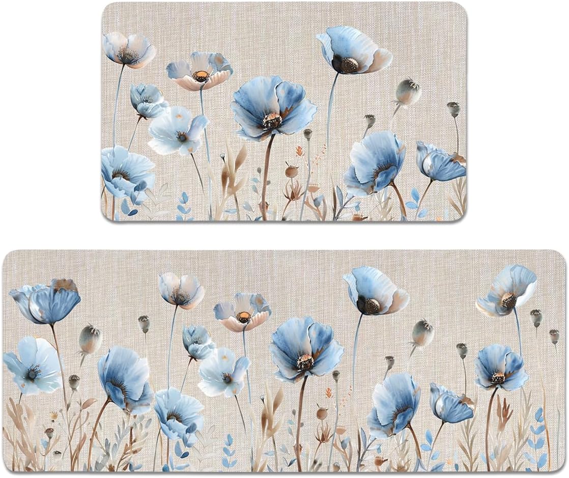 Blue Poppy Floral Kitchen Rugs Set of 2- Cotton Linen Blend Floor Mats(17.7''x29.5''+17.7''x47'') - Washable Non-Slip Kitchen Mats for Home Office Bedroom Bathroom Laundry