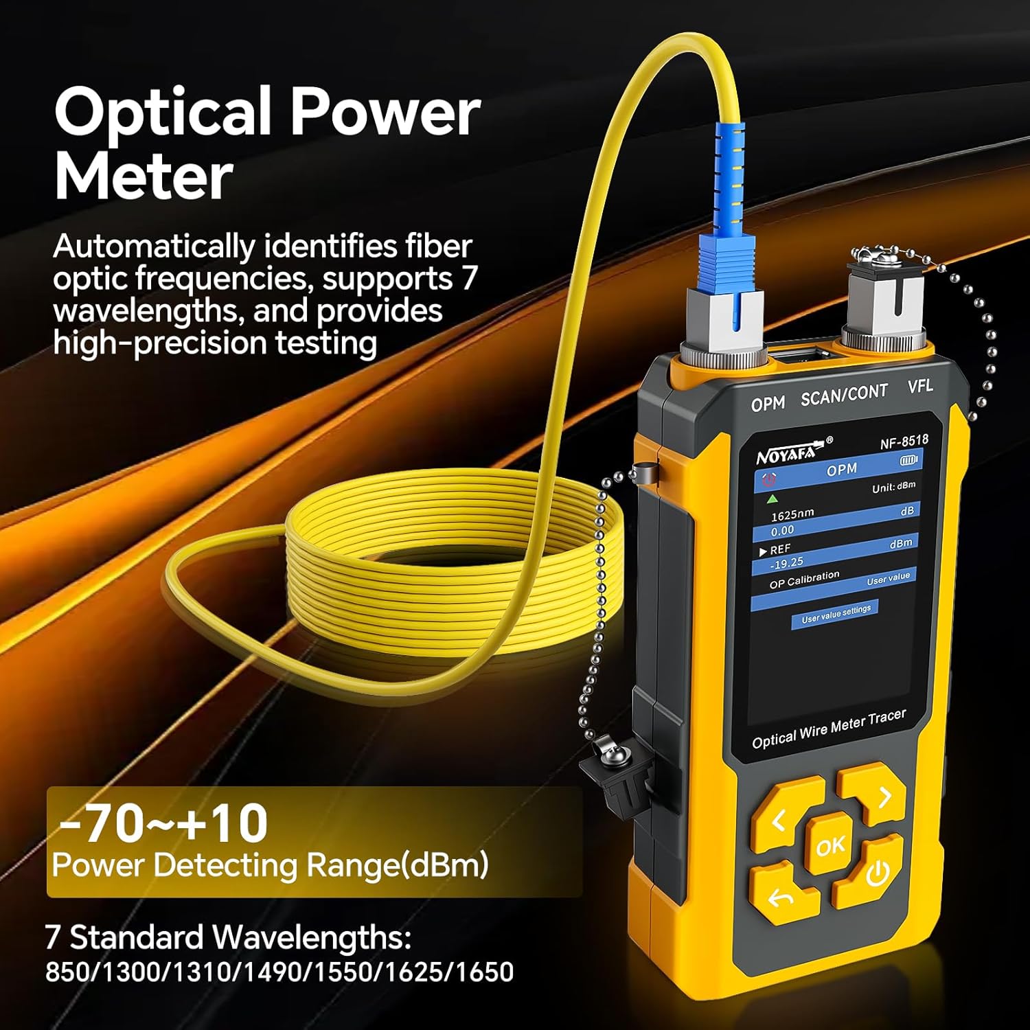 Image showing the Optical Power Meter function of the NOYAFA NF-8518, displaying wavelength and power readings.