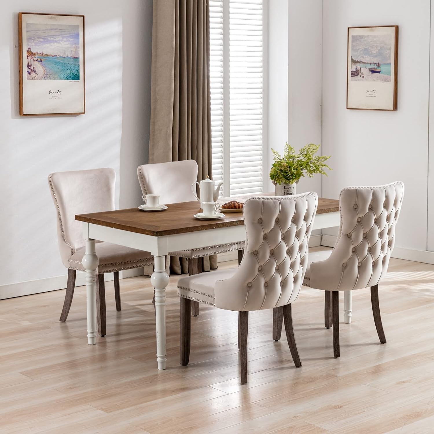 DKLGG Velvet Dining Chairs Set of 2, Upholstered Dining Room Chairs Cozy Wing-Back Dinner Chairs with Backstitching Nailhead Trim & Solid Wood Legs for Kitchen & Dining Room Chairs Living Room, Beige