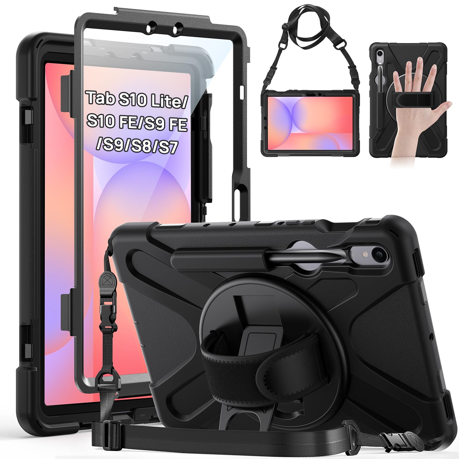 Gerutek Cover per Samsung Galaxy Tab S10 Lite/S10 FE/S9 FE/S9/S8/S7 (10.9/11 Pollici) con Protezione per lo Schermo, Supporto Cavalletto 360°/Cinghia a Mano/Spalla/Portapenne per Tab S10 Lite, Nero