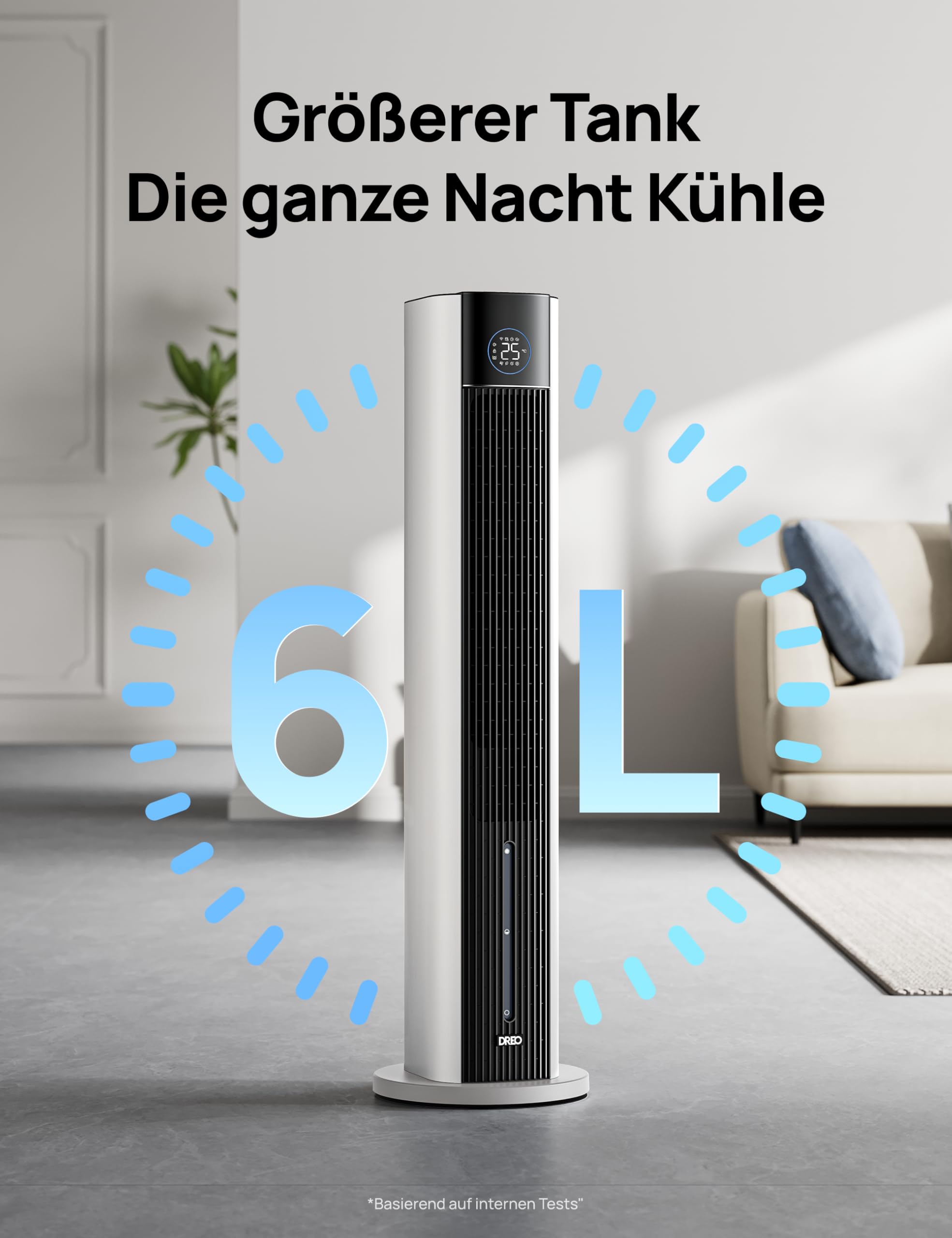 DREO Turmventilator mit Wasserkühlung, 110 cm Luftkühler mit Wasserkühlung Leise, 4-Geschwindigkeiten-4-Modi Verdunstungskühler, APP-Steuerung, Eisbeutel, 80° Oszillation, 12-Std. Timer, Weiß