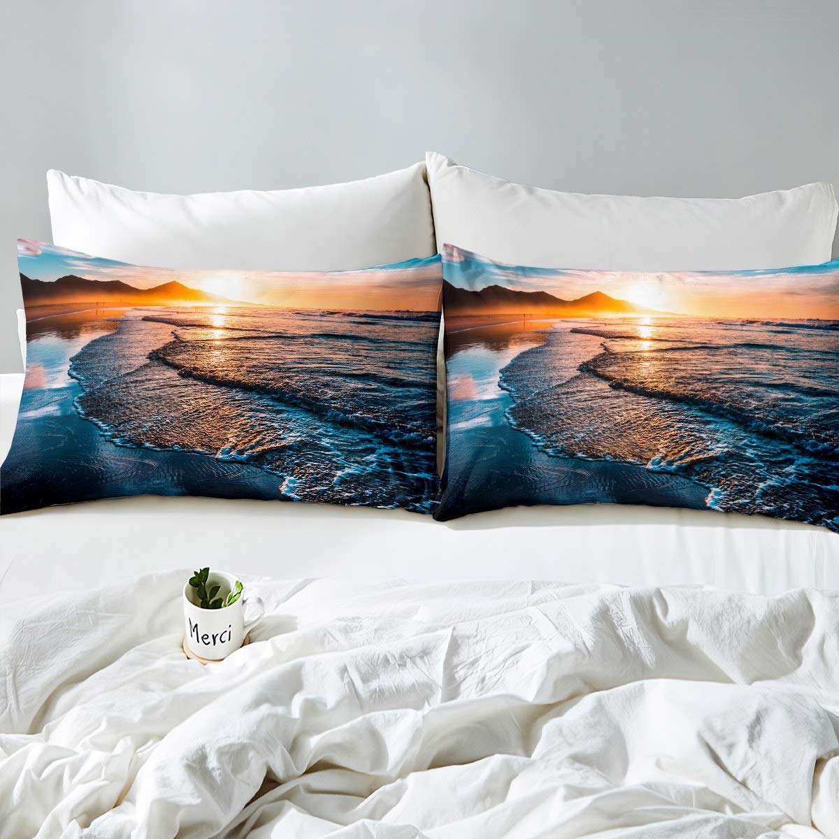 Dinjoy Biancheria Da Letto Queen Size A Tema Spiaggia: Copripiumino Microfibra Con Conchiglie E Stelle Marine, Blu Oceano