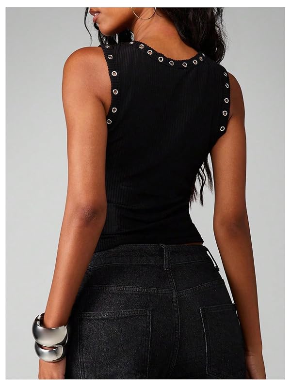 RoseSeek Women's Y2k Grommet Ribbed Knit Tank Top Mock Neck Sleeveless Summer Crop Tops Black X-Small by RoseSeek - Used condition - Image 2