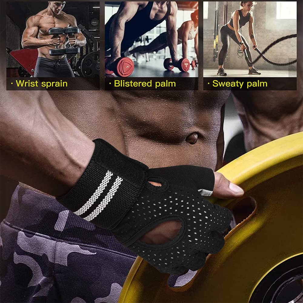 1 par de guantes de entrenamiento sin dedos para hombres y mujeres, guantes de levantamiento de pesas con muñequeras, soporte para entrenamiento en gimnasio, protección completa de la palma (ros