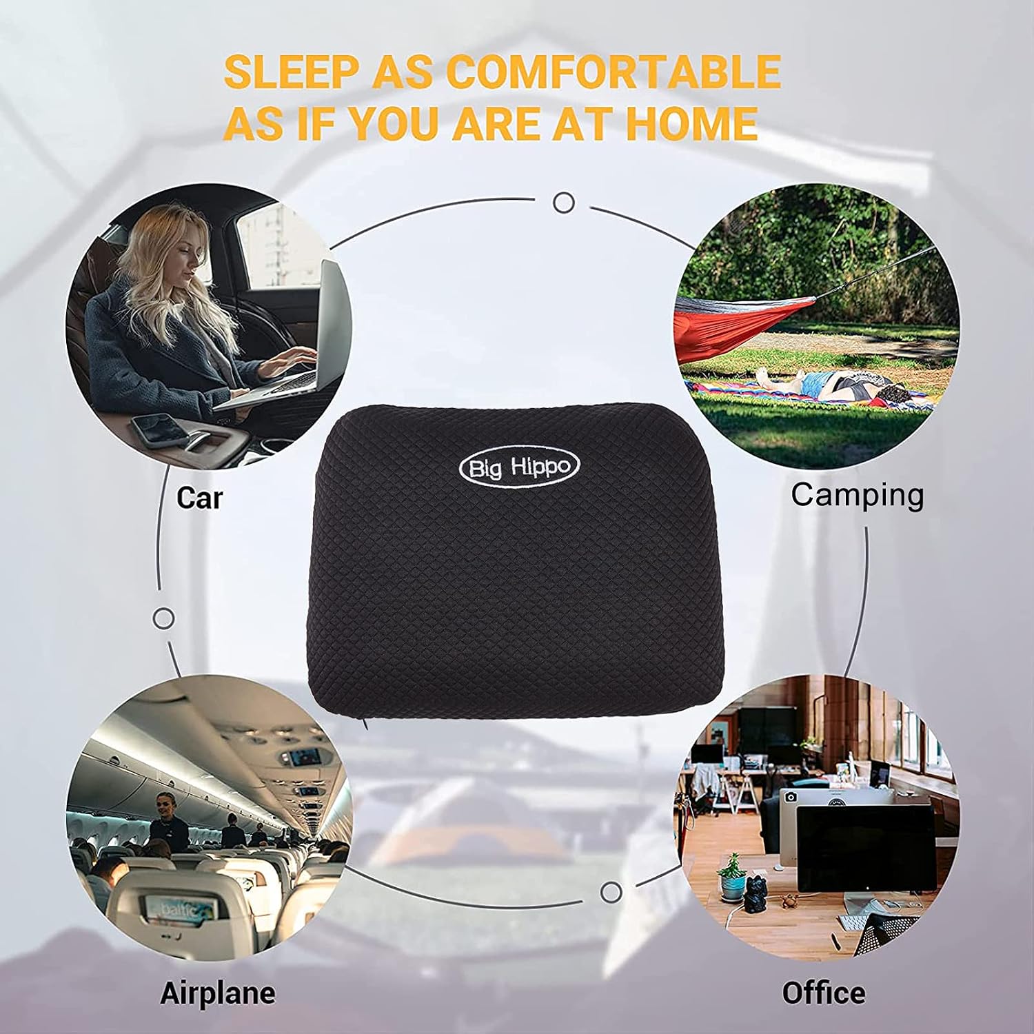 Big Hippo Memory Foam Travel Nap Pillow - Soft Small Pillow with Removable Cover (Black)