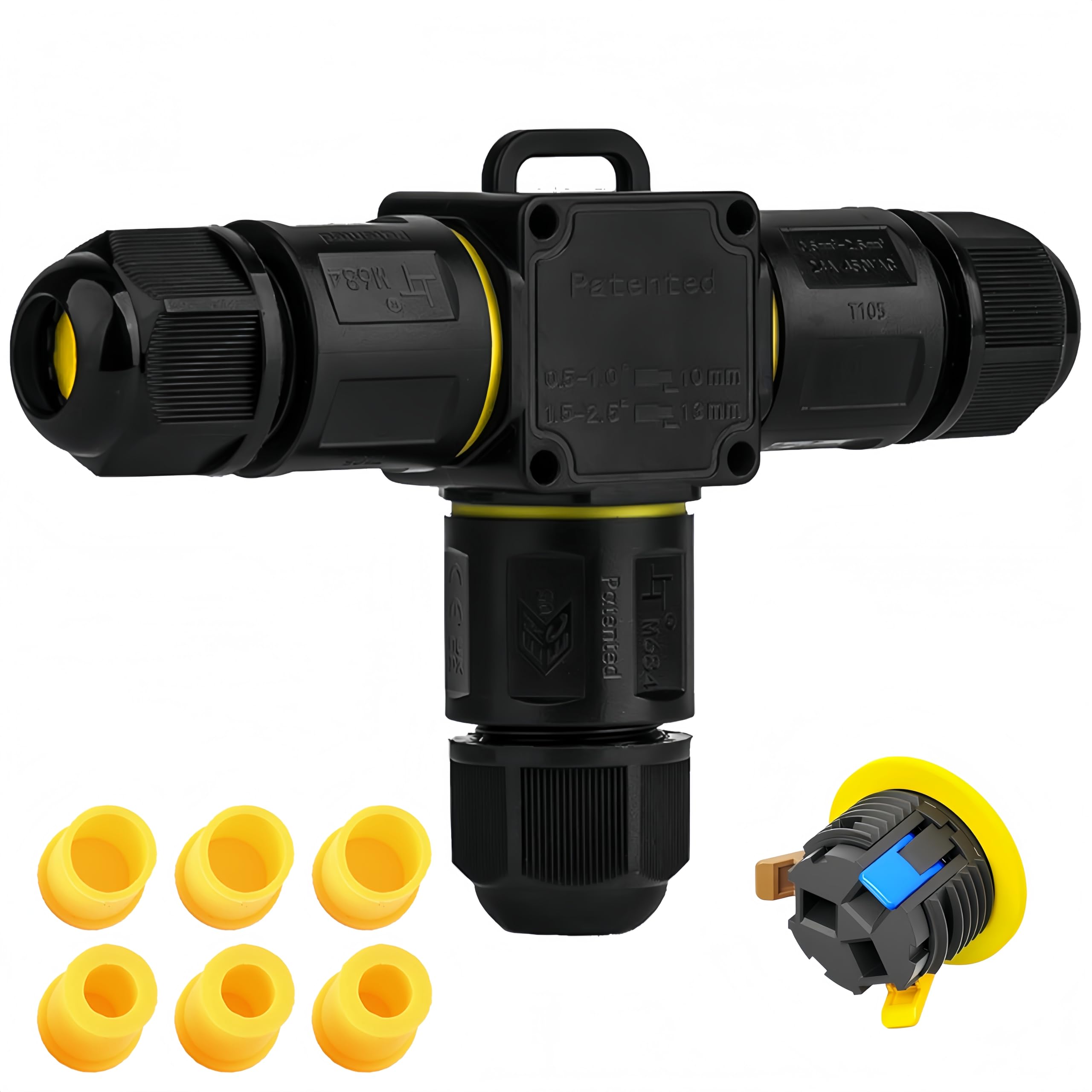 T-Shape 3-Way IP68 Waterproof Junction Box, Screwless Lever Quick-Release Cable Connector with M20 Glands, UL/ETL/CE Certified Outdoor Splice Box for Landscape Lighting, Underground, 4-12mm, Black