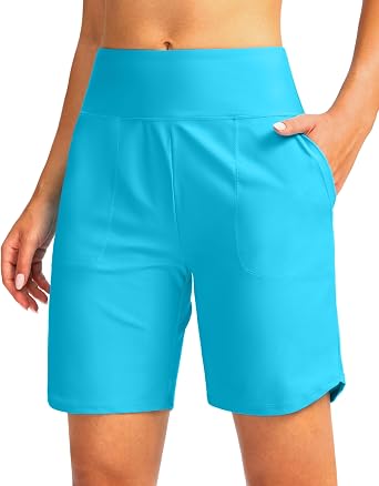 Viodia Womens 9" Long Swim Board Shorts with Pockets High Waisted Beach Swimsuits Knee Length Short for Women with Liner