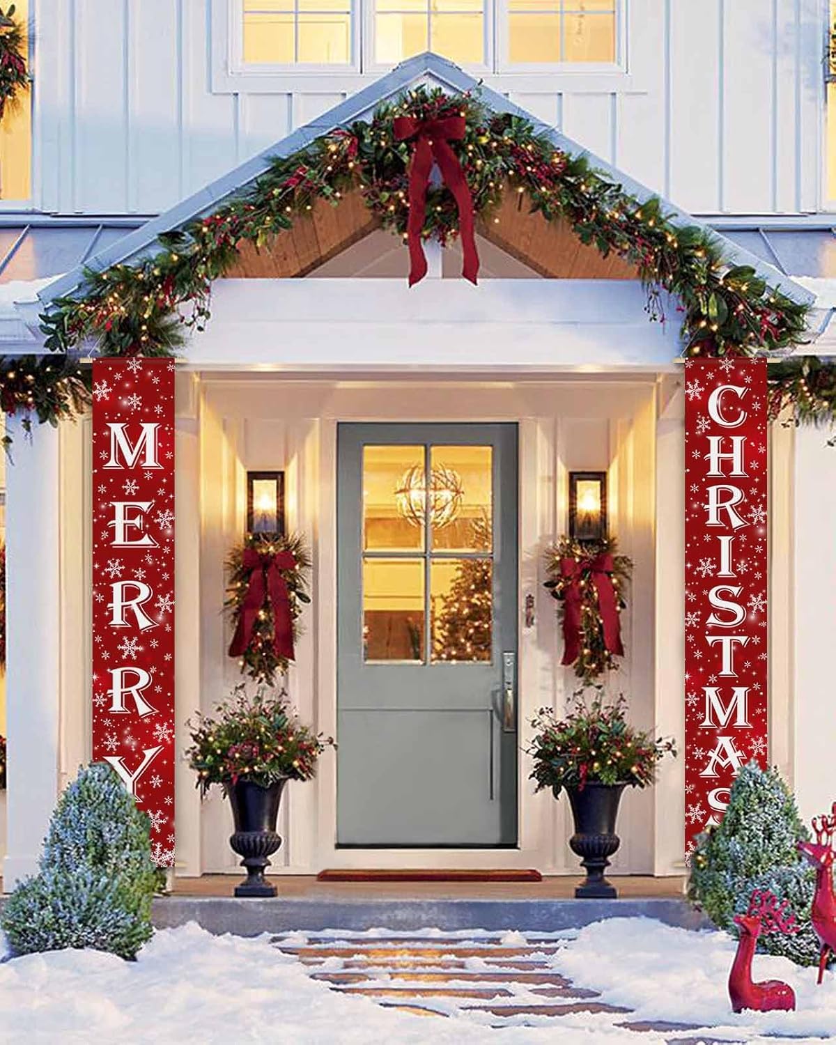 Merry Christmas Door Banners Snowflakes Porch Sign, Red Welcome Hanging Flag for Fall Christmas Thanksgiving Halloween Winter Front Door Garden Wall Home Yard Party Xmas Indoor Outdoor Decorations
