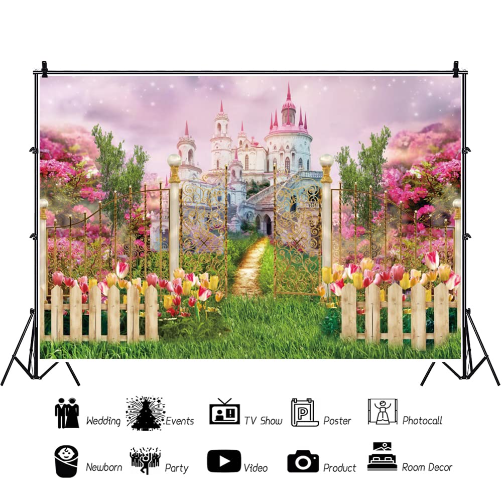 Sfondo Fotografico 7x5 Ft – Giardino Castello Principessa, Arcobaleno E Cigni – In Poliestere, Per Feste E Compleanni