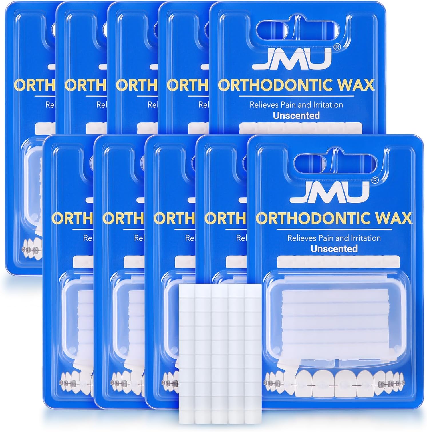 JMU Braces Wax,10 Pack Sealing Package Dental Orthodontic Wax for Braces Aligners, Pre-cut Wax Dots, Unscented, Slightly Hard Wax Stick Better and Time Longer